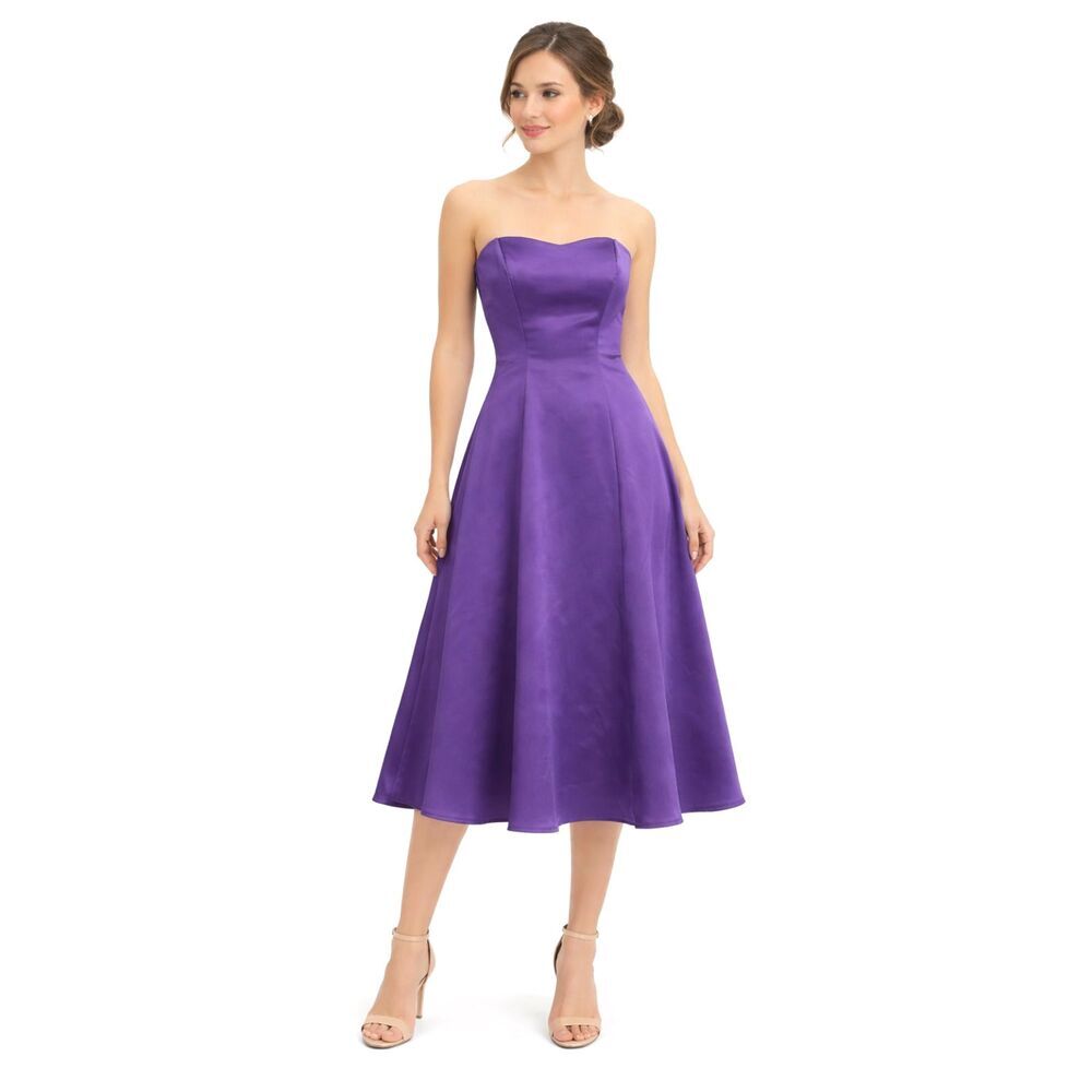 Alfred Angelo Purple Strapless Satin Midi Dress Pleated Formal Prom Gown Size 4